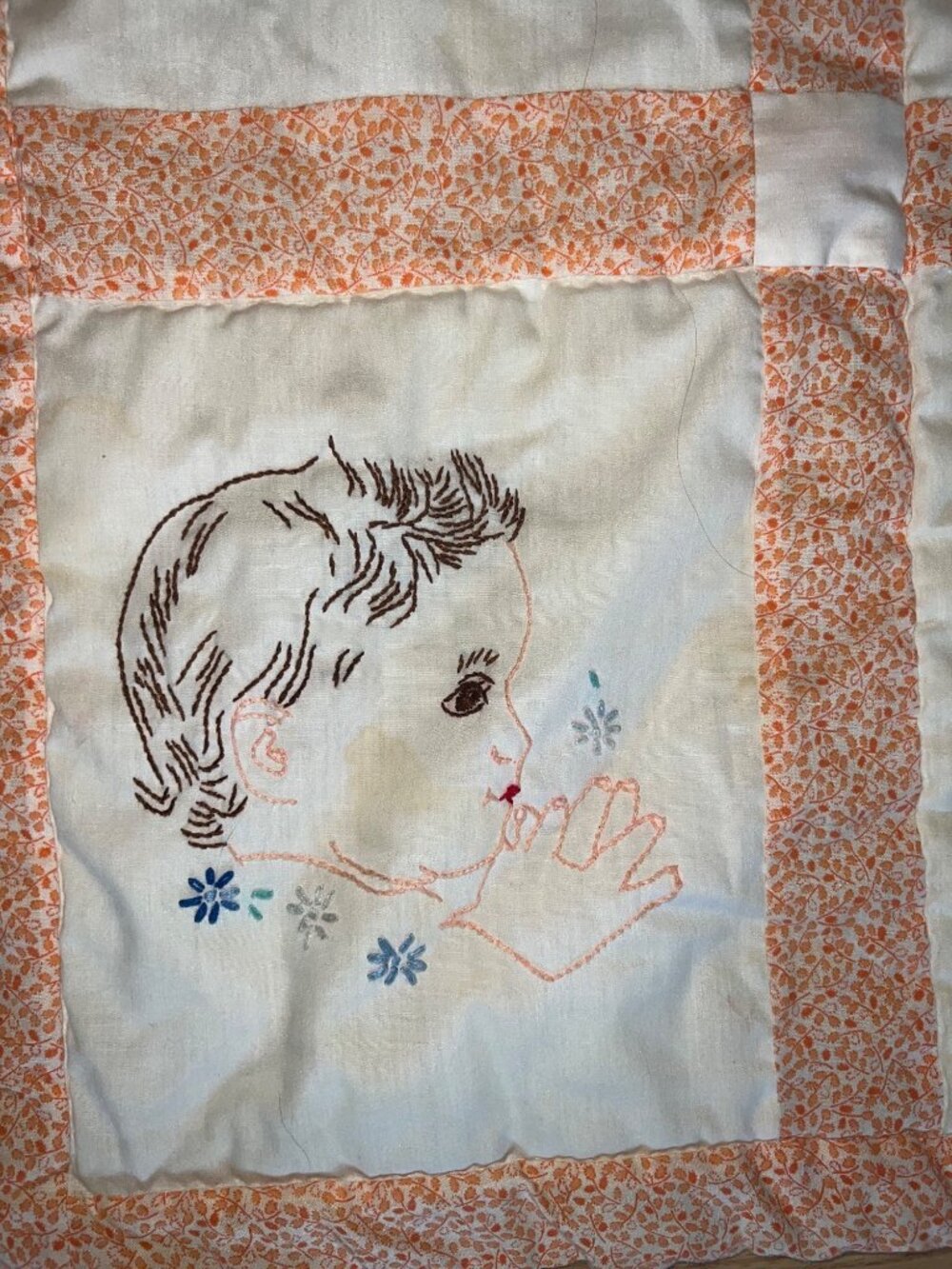 Vintage Handmade Baby Quilt Embroidered Baby Faces Orange Floral Border Unique - Picture 8 of 15
